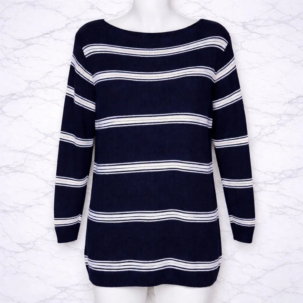 G.H. Bass Navy Blue White Stripe Cotton Sweater Nautical Women’s Large
